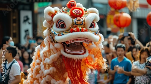 Vibrant Traditional Lion Dance at East Asian Vegetarian Festival Delighting a Lively Crowd photo