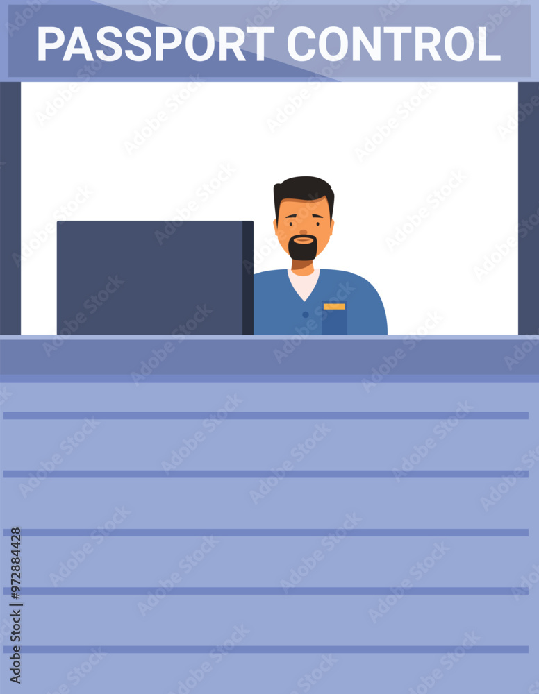 Border control officer standing at his booth, checking passports at the airport Border control officer standing at his booth, checking passports at the airport