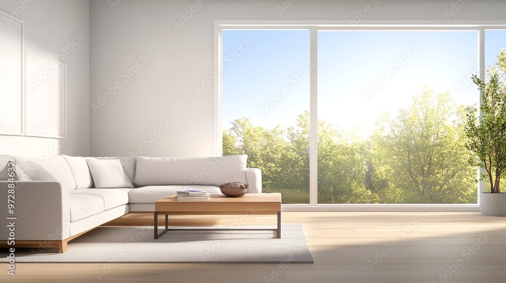 Fototapeta premium Modern Living Room with Large Window and View of Trees.