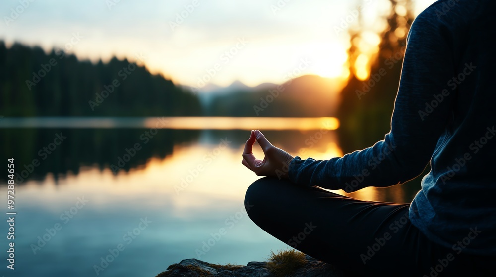 A person meditating by a serene lake at sunset, surrounded by nature's beauty, promoting calm and mindfulness. A person meditating by a serene lake at sunset, surrounded by nature's beauty, promoting calm and mindfulness.