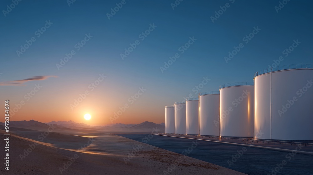 Fototapeta premium Industrial Tanks at Sunset in the Desert.