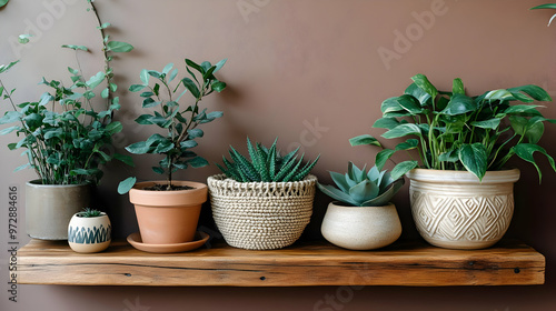 Wallpaper Mural A shelf displaying various potted plants against a brown wall, creating a cozy ambiance. Torontodigital.ca