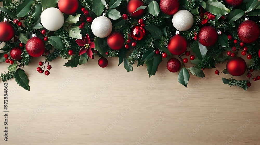 Festive Christmas Garland on Wooden Mantel with Empty Wall for Messaging Festive Christmas Garland on Wooden Mantel with Empty Wall for Messaging