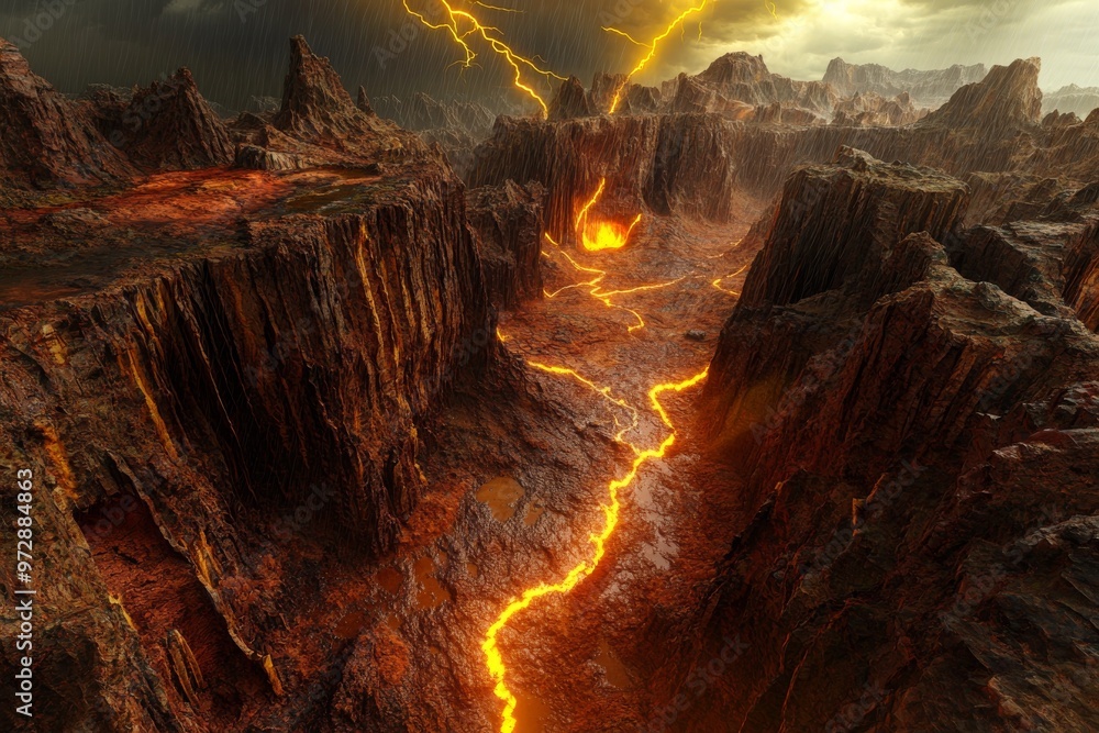 Fototapeta premium Stormy Landscape with Yellow Lightning and Red Rock Terrain