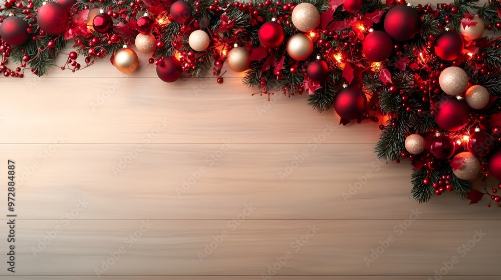 Festive Christmas Garland on Wooden Mantel with Warm Cozy Ambiance Festive Christmas Garland on Wooden Mantel with Warm Cozy Ambiance
