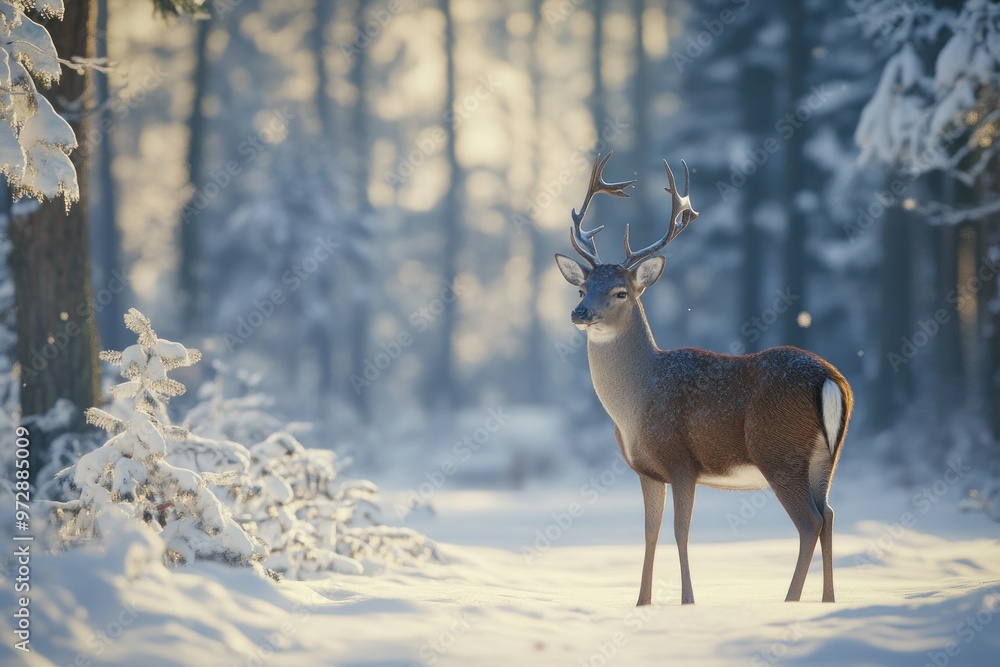 A Fawn Deer Stands in a Snowy Forest A Fawn Deer Stands in a Snowy Forest