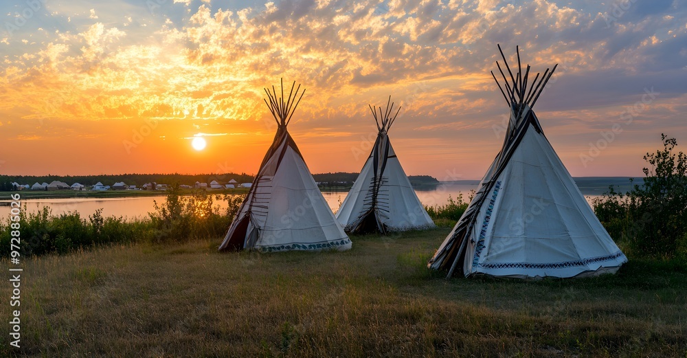 Obraz premium Three tipis at sunset in Alberta grasslands with an Indigenous village in the background