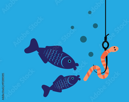 Fishes and Worm on the Hook. Hobbies and leisure fishing activities concept