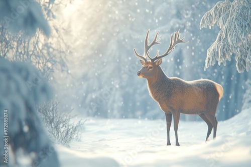 A Majestic Deer with Antlers in a Snowy Forest