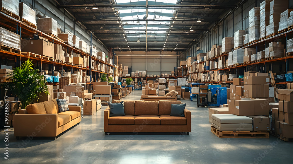 A spacious warehouse filled with stacked boxes and a cozy sofa in the foreground. A spacious warehouse filled with stacked boxes and a cozy sofa in the foreground.