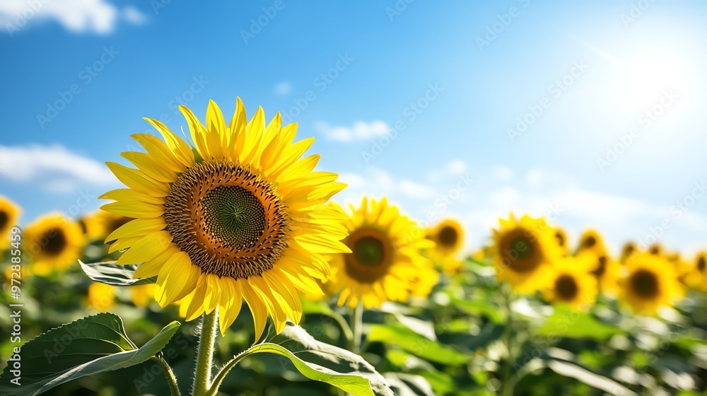 A vibrant sunflower stands tall against a bright blue sky, showcasing the beauty of nature in full bloom. A vibrant sunflower stands tall against a bright blue sky, showcasing the beauty of nature in full bloom.