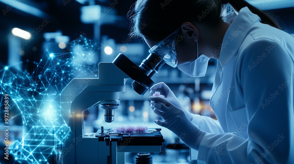 Close-up of a scientist examining samples under a microscope with futuristic data visualization and laboratory environment. Close-up of a scientist examining samples under a microscope with futuristic data visualization and laboratory environment.