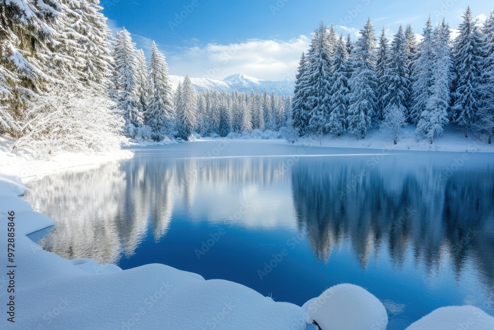 Fototapeta premium Snow-Covered Evergreen Trees Reflecting in a Still Blue Lake