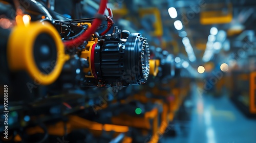 Close-up view of industrial machinery with intricate components and vibrant colors in a modern factory setting.