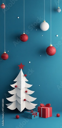 Paper cut handcraft christmas tree concept backdrop - genrate AI photo