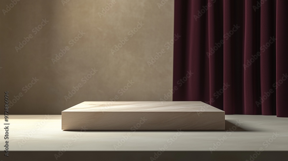 A sleek wood podium displayed in a clean studio, surrounded by a beige background and a burgundy curtain. The lighting highlights the textures of the materials, adding an elegant touch A sleek wood podium displayed in a clean studio, surrounded by a beige background and a burgundy curtain. The lighting highlights the textures of the materials, adding an elegant touch