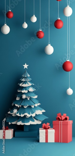 Paper cut handcraft christmas tree concept backdrop - genrate AI photo