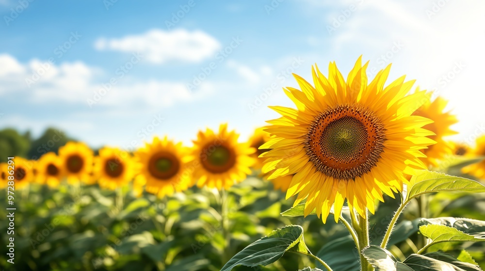 Vibrant sunflowers blooming under a clear blue sky, showcasing their bright yellow petals in a picturesque field. Vibrant sunflowers blooming under a clear blue sky, showcasing their bright yellow petals in a picturesque field.