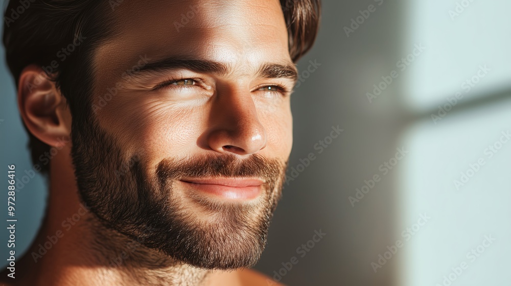 Fototapeta premium Young man smiling softly in warm natural light during the morning in a brightly lit indoor space