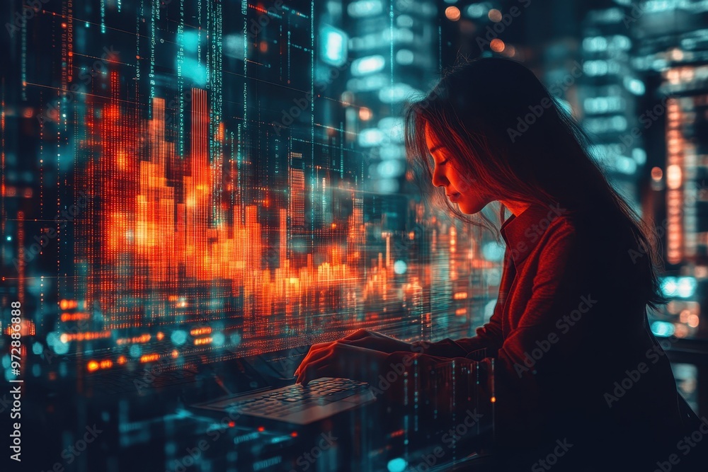 Fototapeta premium Advisor offering personalized wealth-building strategies through a digital dashboard â€“ Gen Z client adjusting financial plans in real-time, blending trust and empowerment through digital platforms,