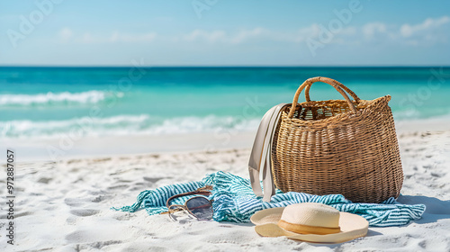 A stylish handbag and a beach towel laid out on pristine white sand, with the blue-green ocean stretching out into the distance photo