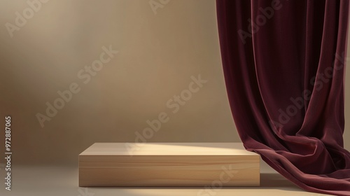 A sleek wooden stand in a minimalistic studio, with a soft beige background and a rich burgundy curtain draped elegantly. The lighting adds a subtle touch of sophistication to this abstract 3D render. photo