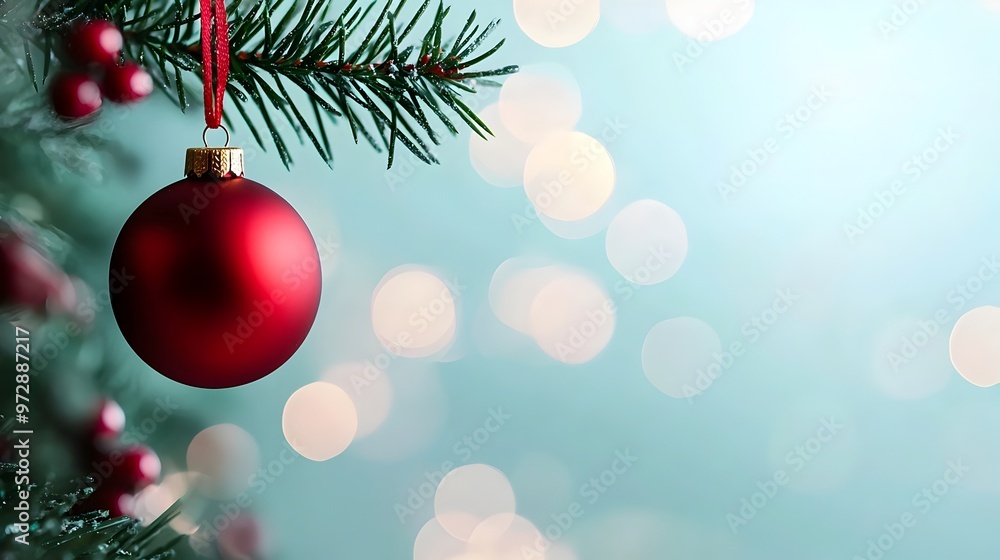 Red Christmas Bauble Hanging on Evergreen Tree Branch with Festive Bokeh Background Red Christmas Bauble Hanging on Evergreen Tree Branch with Festive Bokeh Background