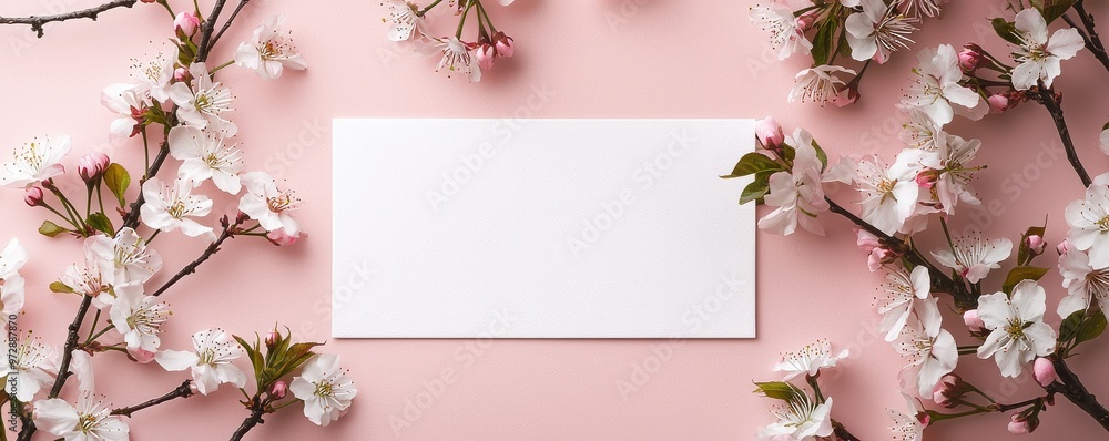 Blank white postcard with delicate cherry blossoms on a pastel pink background creating a romantic springtime scene Blank white postcard with delicate cherry blossoms on a pastel pink background creating a romantic springtime scene