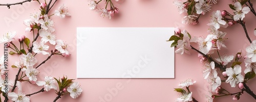 Blank white postcard with delicate cherry blossoms on a pastel pink background creating a romantic springtime scene