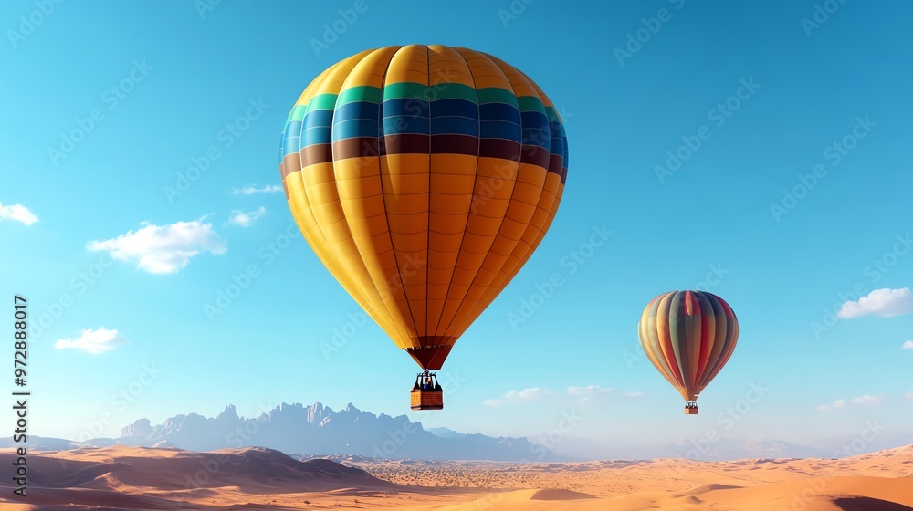 Fototapeta premium Colorful hot air balloons soaring above a vast desert landscape under a clear blue sky.
