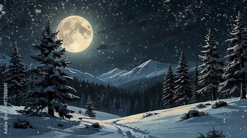 snowfall in the forest at night full moon, winter. seamless looping 4k video background animation