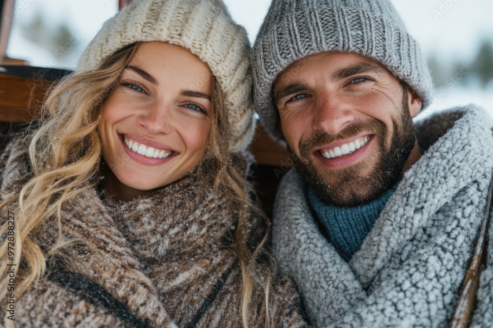 Giggling in the cold, this couple's bright smiles and warm blankets tell a story of love and happiness amidst a picturesque snowy landscape. Giggling in the cold, this couple's bright smiles and warm blankets tell a story of love and happiness amidst a picturesque snowy landscape.