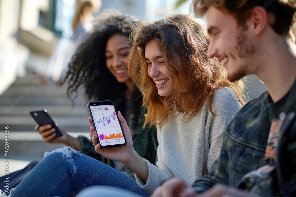 Fototapeta premium Gen Z client customizing a financial dashboard on their phone – Tailored investment strategies and spending insights at their fingertips, highlighting empowerment through digital tools, fintech