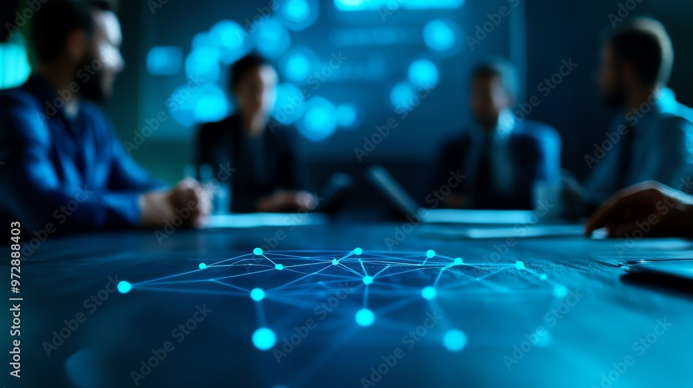 Team collaboration visualized through digital connectivity in a modern meeting room, showcasing innovation and technology. Team collaboration visualized through digital connectivity in a modern meeting room, showcasing innovation and technology.