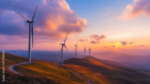 Wind Turbines on a City Outskirts Hill, Blades Capturing the Glow of the Setting Sun photo