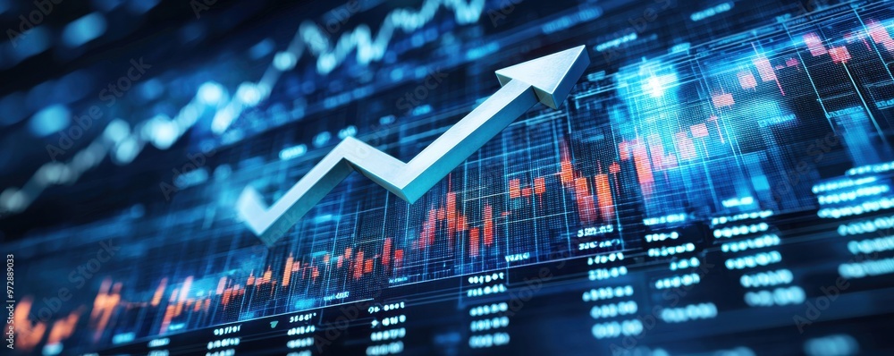 Dynamic financial growth concept with an upward arrow indicating positive market trends and rising stock values Dynamic financial growth concept with an upward arrow indicating positive market trends and rising stock values