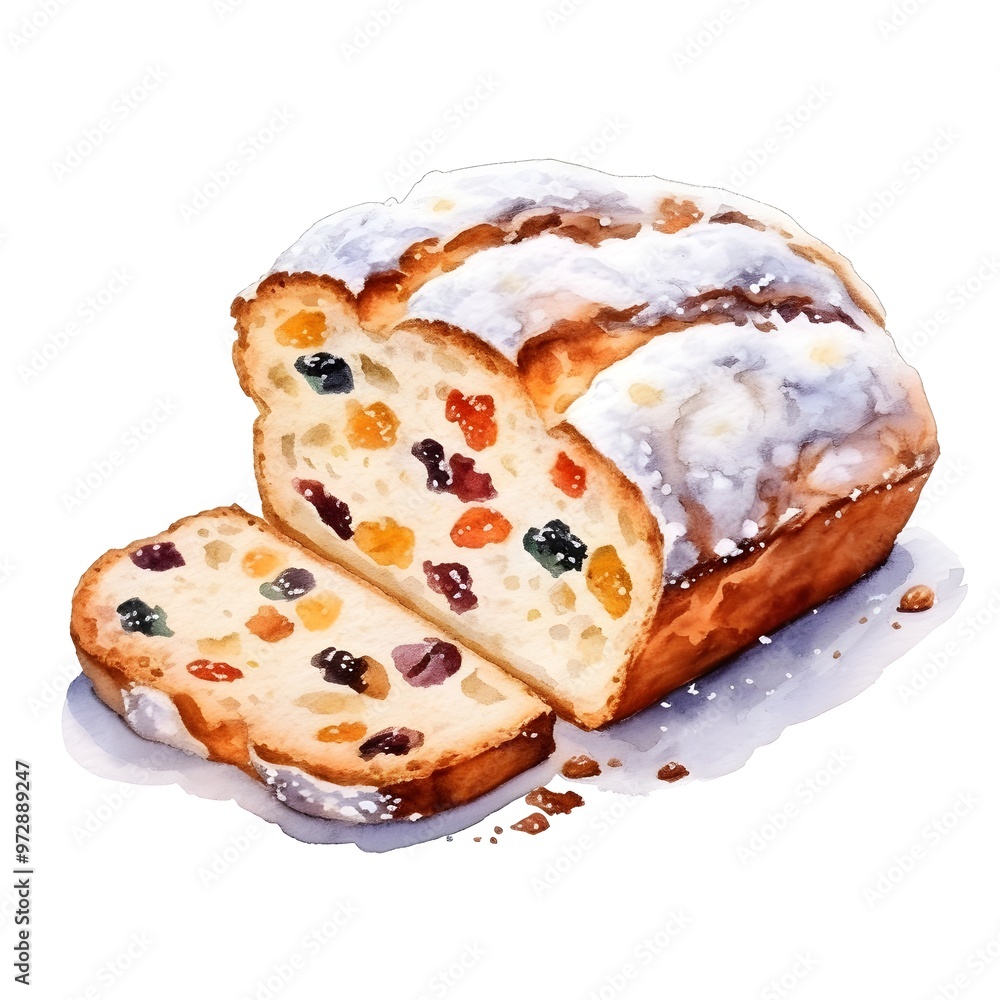 Watercolor Slice of Traditional German Christmas Stollen Bread with Marzipan and Dried Fruits Watercolor Slice of Traditional German Christmas Stollen Bread with Marzipan and Dried Fruits