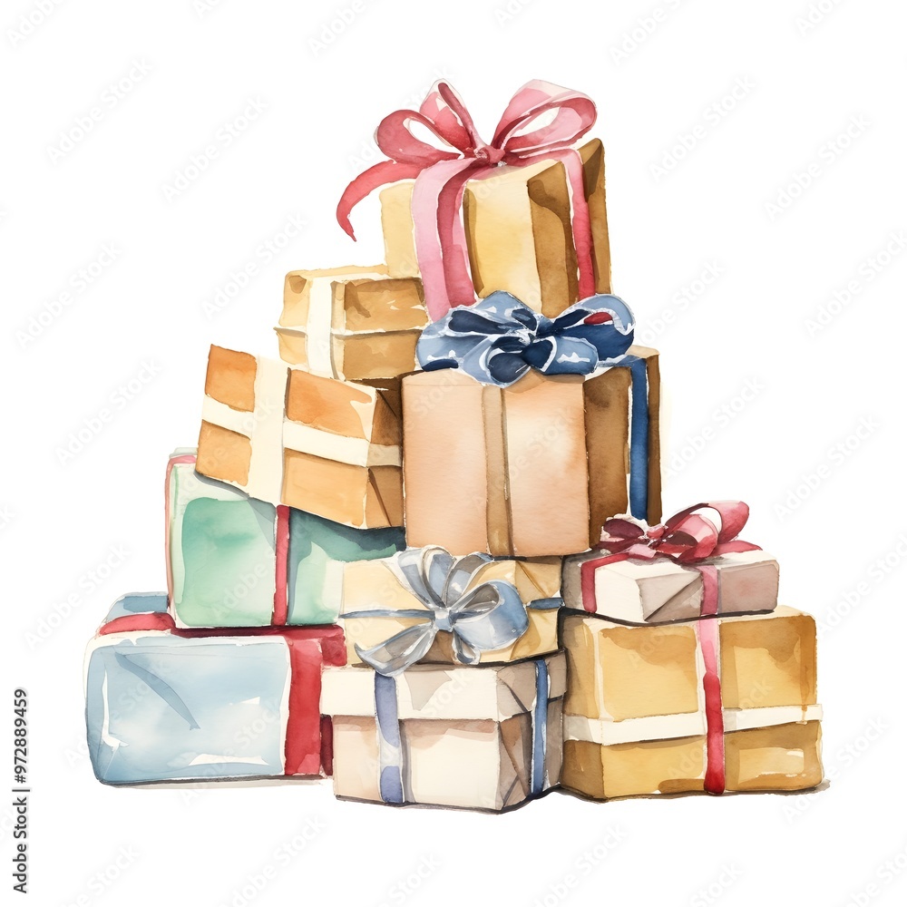 Obraz premium Watercolor Wrapped Presents Stacked Ready for Delivery on White Background
