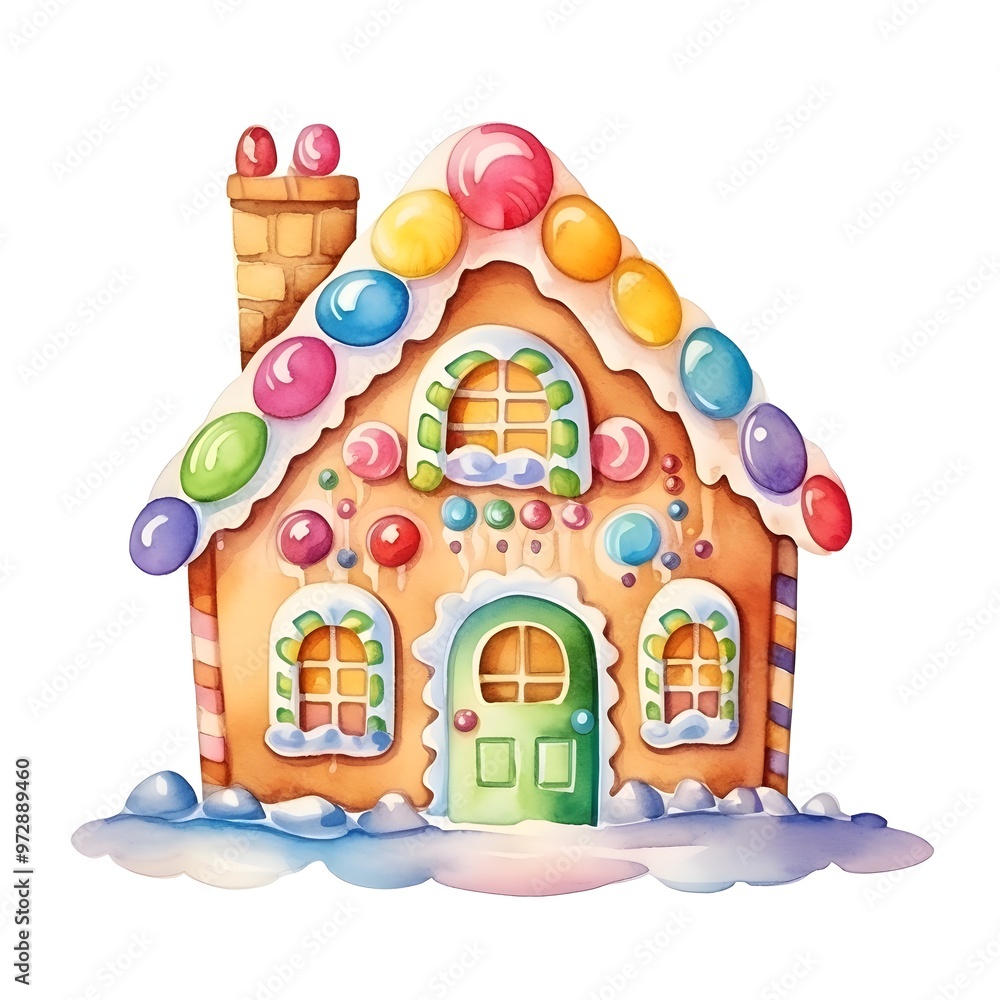 Naklejka premium Whimsical Watercolor Gingerbread House Adorned with Vibrant Candy and Icing Accents