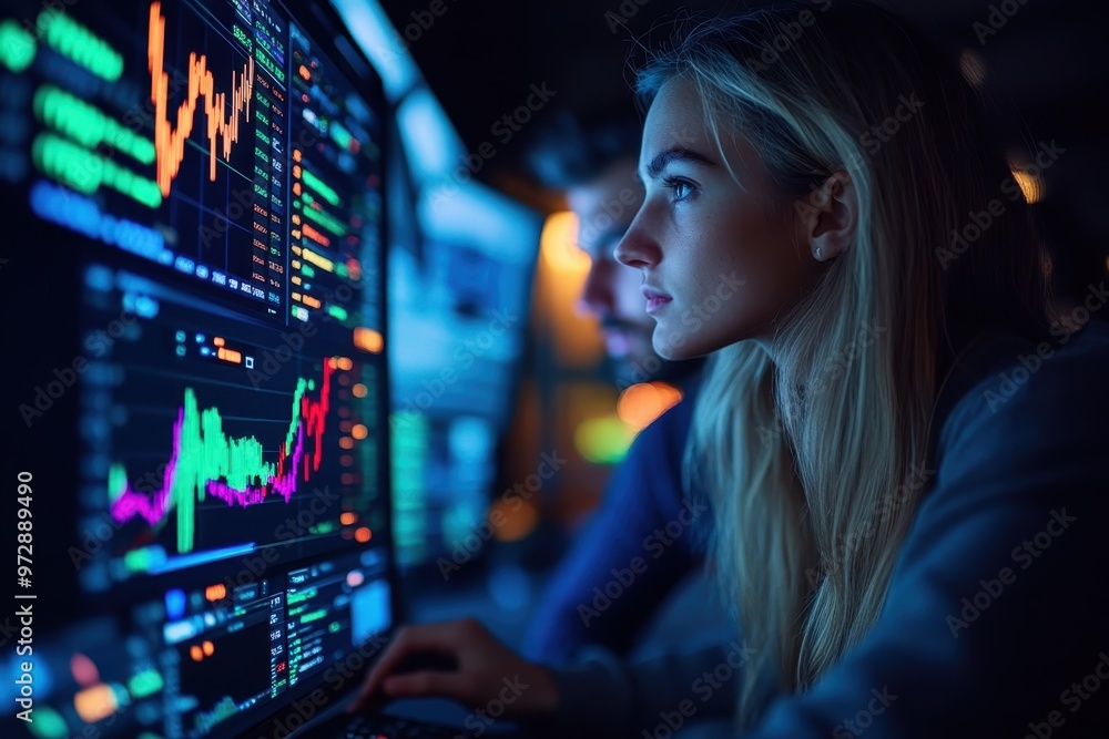 Portrait of a financial advisor guiding a Gen Z client through a stock trading app – Highlighting the trustworthiness of accessible, real-time financial data and personalized advice, financial Portrait of a financial advisor guiding a Gen Z client through a stock trading app – Highlighting the trustworthiness of accessible, real-time financial data and personalized advice, financial