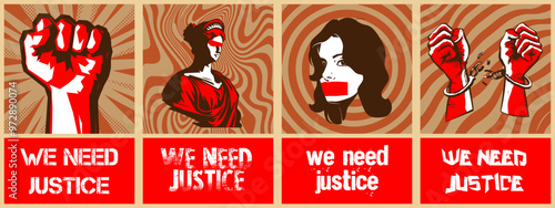 we need justice, hands protesting revolution icon, Woman's protest , justice vector poster with fist held high in protest, Fist Propaganda Illustration