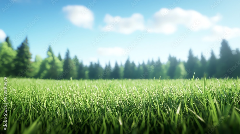 Naklejka premium A serene landscape featuring lush green grass under a bright sky, perfect for nature and outdoor themes.
