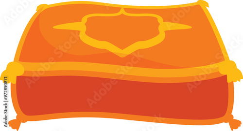 Small orange magic carpet floating in the air with gold tassels at the corners