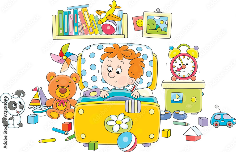 Fototapeta premium Sick little boy with a thermometer in his armpit lying in a bed and talking to a cheerful small puppy in a nursery room with funny toys and books, vector cartoon illustration on a white background