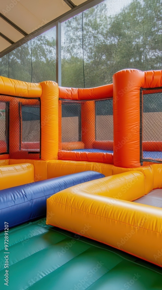 Fototapeta premium A kids' zone at a baseball festival with mini batting cages and inflatable games, kids' zone, batting cages, inflatable games