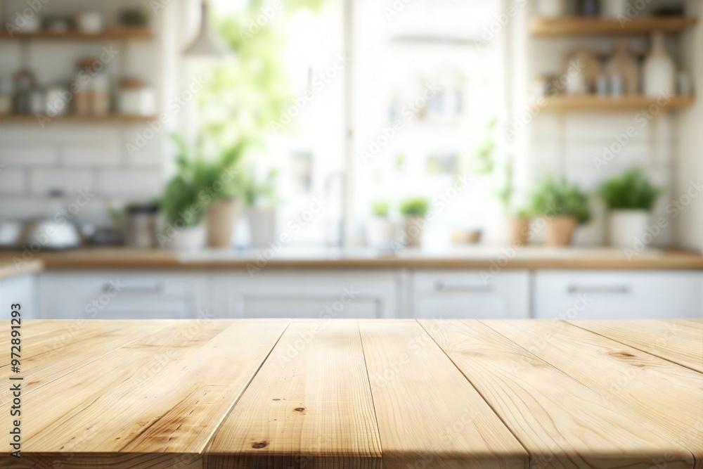 Kitchen table background, wood counter top on blur of white clean abstract home interior with bokeh. used for display or montage your wooden for dining background. table photo Kitchen table background, wood counter top on blur of white clean abstract home interior with bokeh. used for display or montage your wooden for dining background. table photo