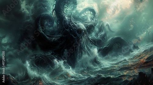 A colossal, monstrous, tentacled creature emerges from the stormy sea, its eyes glowing ominously. photo