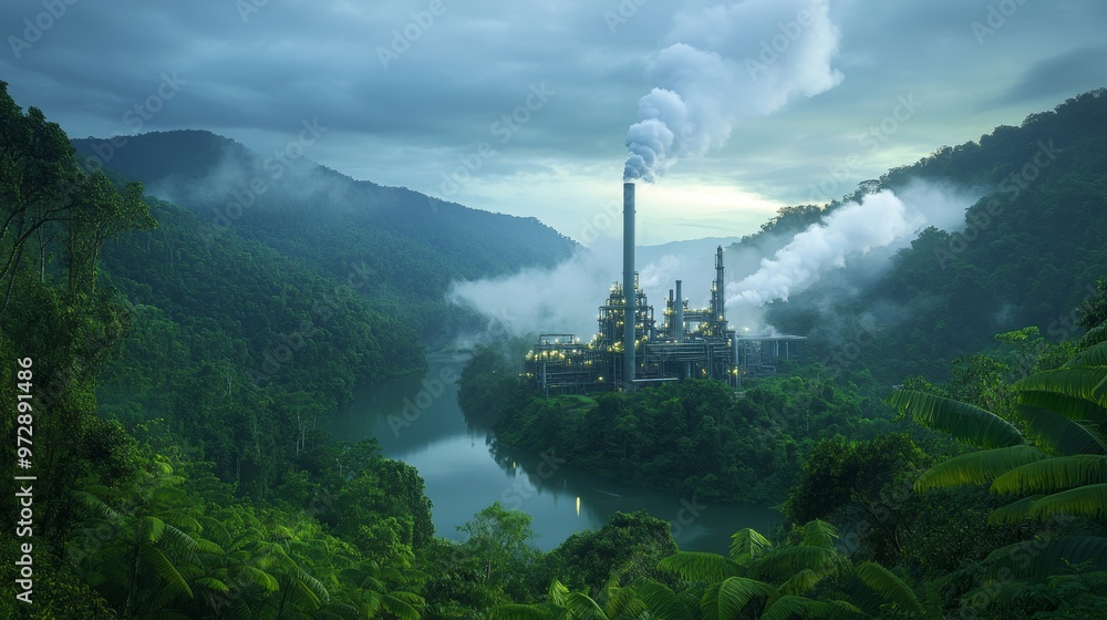 Fototapeta premium Industrial Complex in a Lush Valley.