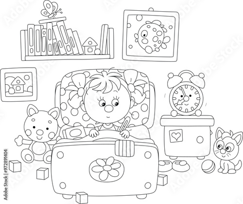 Sick little girl with a thermometer in her armpit lying in a bed and talking to a small cute kitten in a nursery room with funny toys, pictures and books, black and white vector cartoon illustration