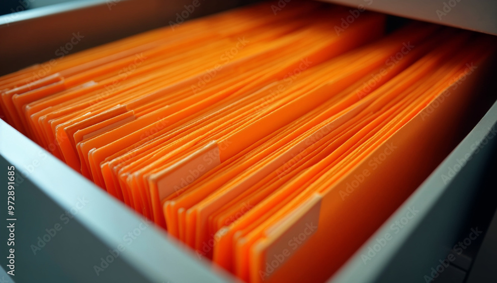 Open drawer with neatly organized orange file folders, highlighting efficiency and structure. Open drawer with neatly organized orange file folders, highlighting efficiency and structure.